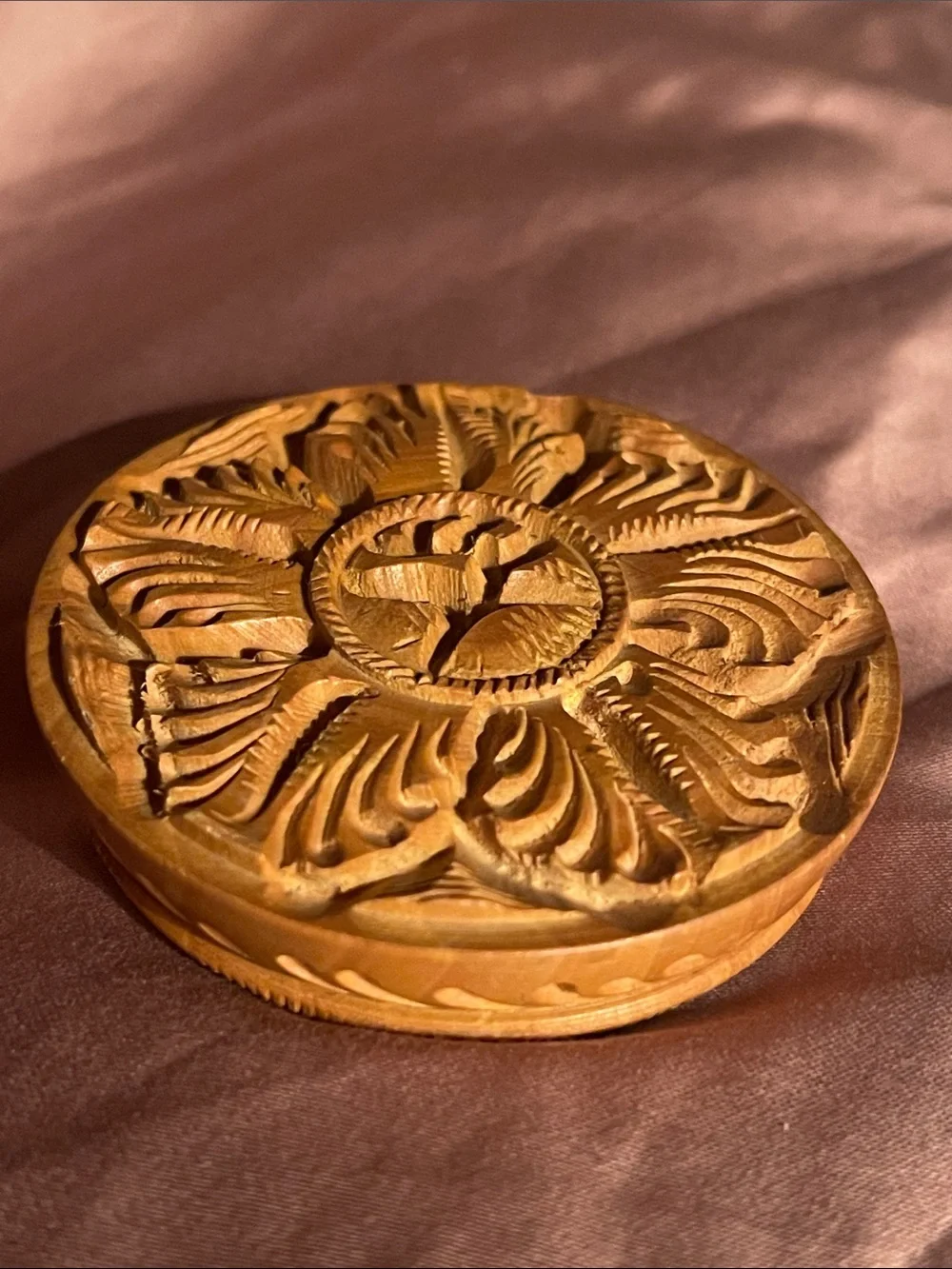 Hand-Carved Wooden Trinket Box in Natural Brown